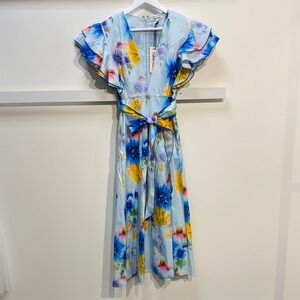 CELINA MOON Vibrant Tie-Dye/Water Color Ruffle Cap Sleeve Dress